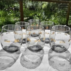 Vintage 1960s Smoke Roly Poly Glasses With Gold Cars Mid Century set of …